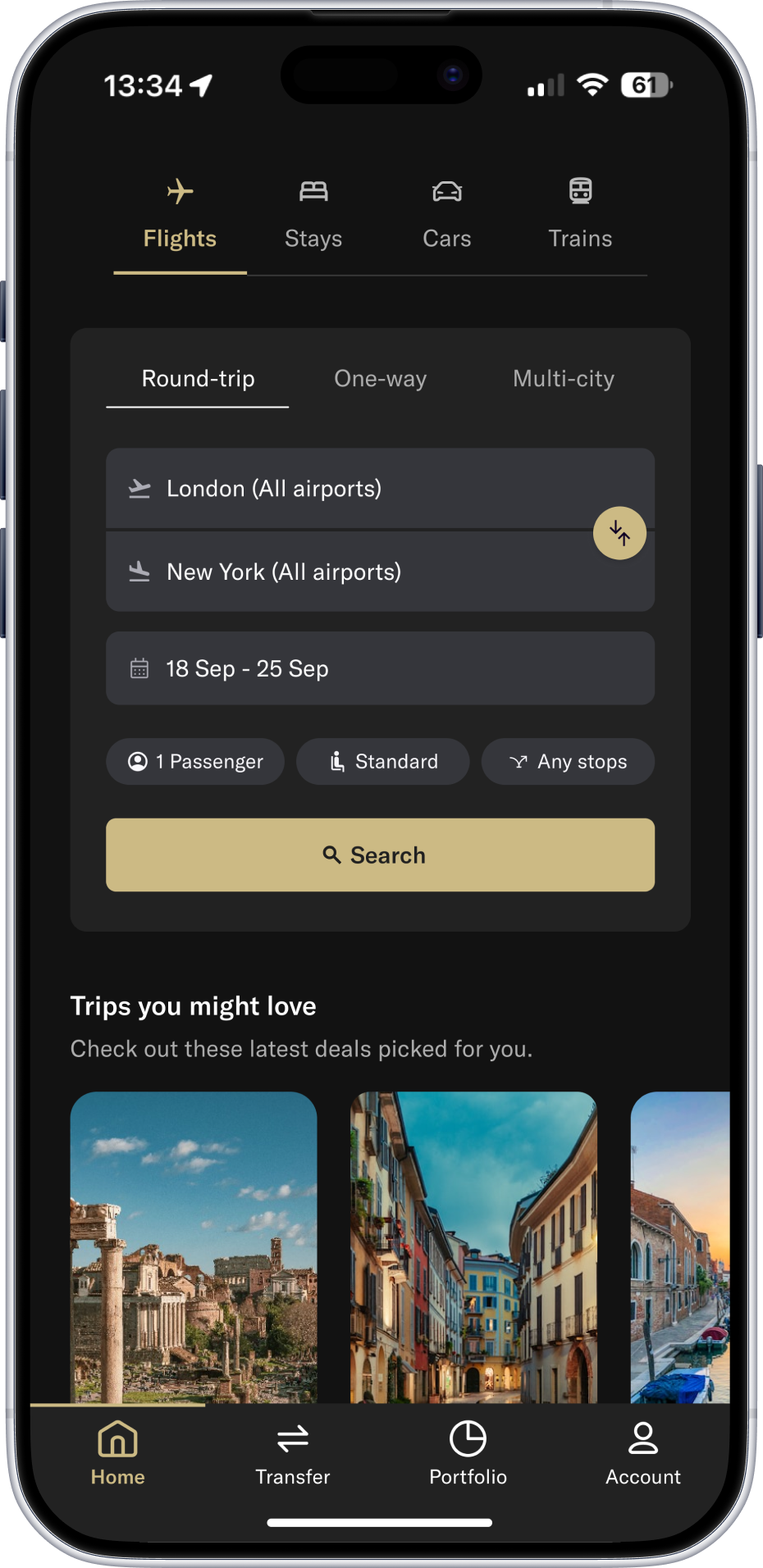 Duffel mobile — home screen